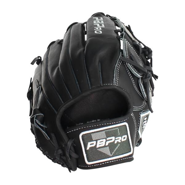 Close-up of a black baseball glove with white stitching and a PBPRO logo patch.