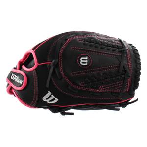 Side view of a black fastpitch glove with pink stitching and a Wilson logo.