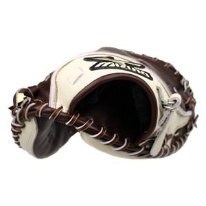 Top-down view of a brown and cream catchers mitt with white lacing and a Mizuno logo.