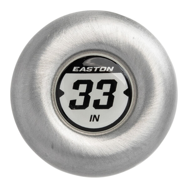 End view of a silver baseball bat with an Easton logo and 33 IN marking.