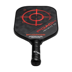 Top-down view of a black pickleball paddle with a red target, POACH INFINITY EX text, and Engage branding on the grip.