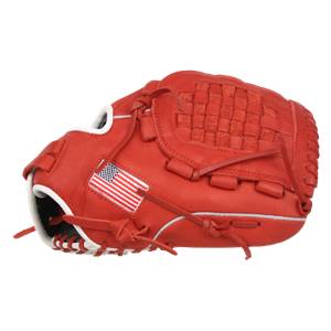 Side view of a red baseball glove with a woven pocket and an American flag patch.