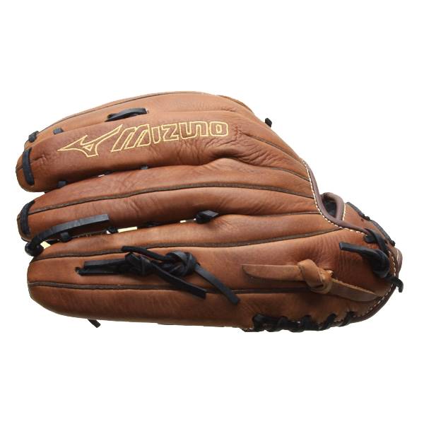 Side view of a brown softball glove with gold Mizuno branding and black lacing.