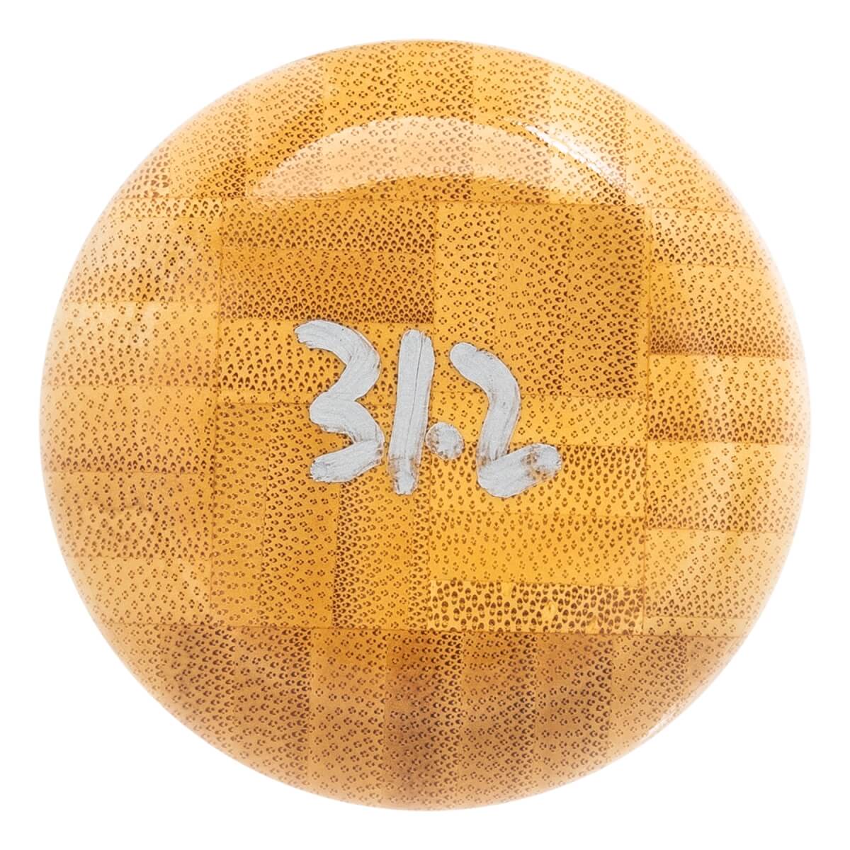 Top-down view of a bamboo baseball bat with a checkered pattern and 31.2 in white paint.