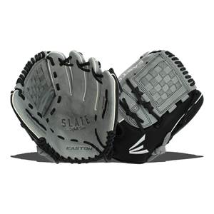 Front view of a gray Easton Slate softball glove with black accents and white stitching.
