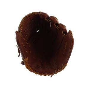 Top-down view of a brown baseball glove with visible Easton branding and tan lacing.