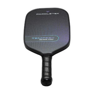 Front view of a black pickleball paddle with PADDLETEK and TEMPEST REIGN PRO text and a textured surface.