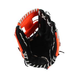 Top-down view of a black and orange baseball glove with white stitching and an orange lining.