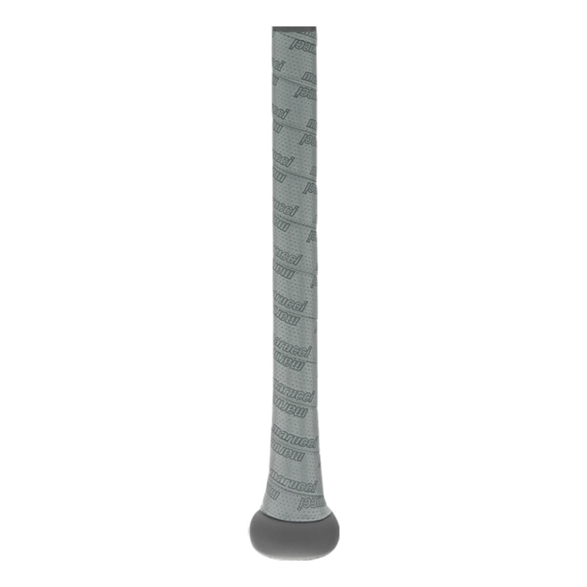 Side view of a gray baseball bat with a repeating Marucci logo grip and a gray end cap.