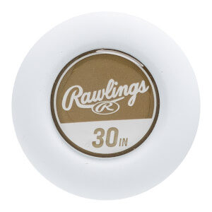 Top-down close-up of a white baseball bat end cap with a gold center featuring Rawlings logo and 30 IN text.