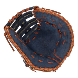 Top-down view of a blue baseball mitt with tan lacing and PROUDED 13 INCH text.