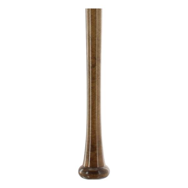Close-up of a brown baseball bat with a tapered handle and rounded knob.