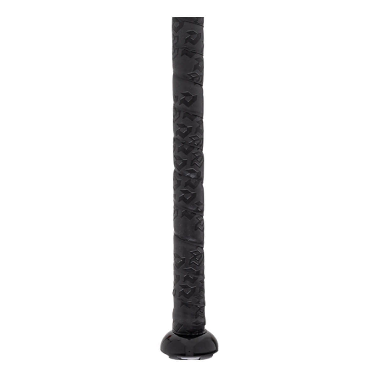 Handle view of a black fastpitch softball bat with an embossed grip pattern and a shiny rounded knob.