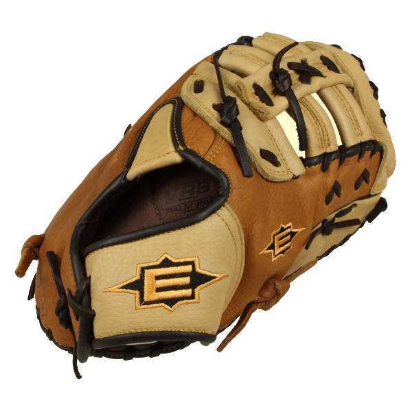Side view of a brown and tan Easton first base mitt with E logo and Palm Pad text.