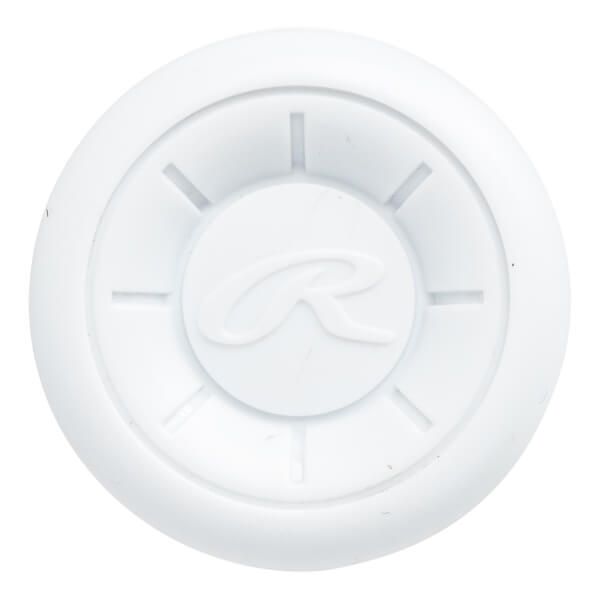 Top-down view of a white bat end cap with a raised Rawlings logo and radial segments.