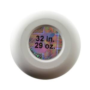 Top-down view of a white baseball bat end cap with a holographic sticker showing 32 in. 29 oz.