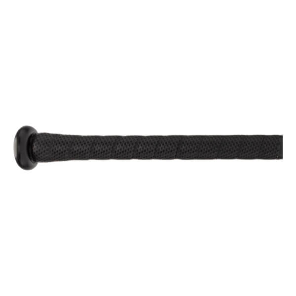 Side view of a black baseball bat with a textured grip and black end cap.