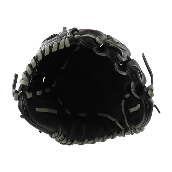 Top-down view of a black baseball glove with grey stitching and a deep pocket.