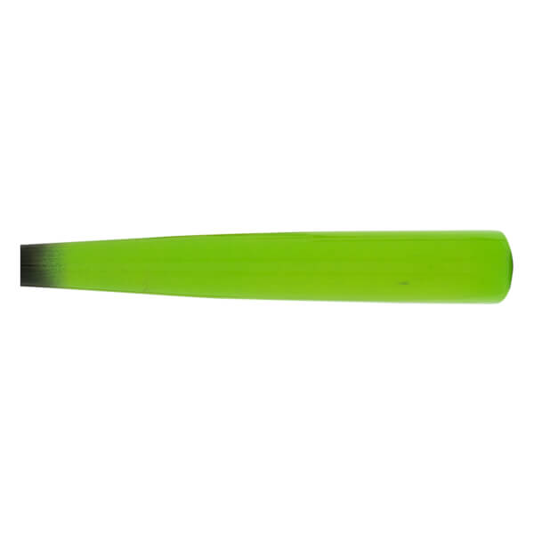 Full view of a vibrant green baseball bat with a black handle fade and rounded barrel end.