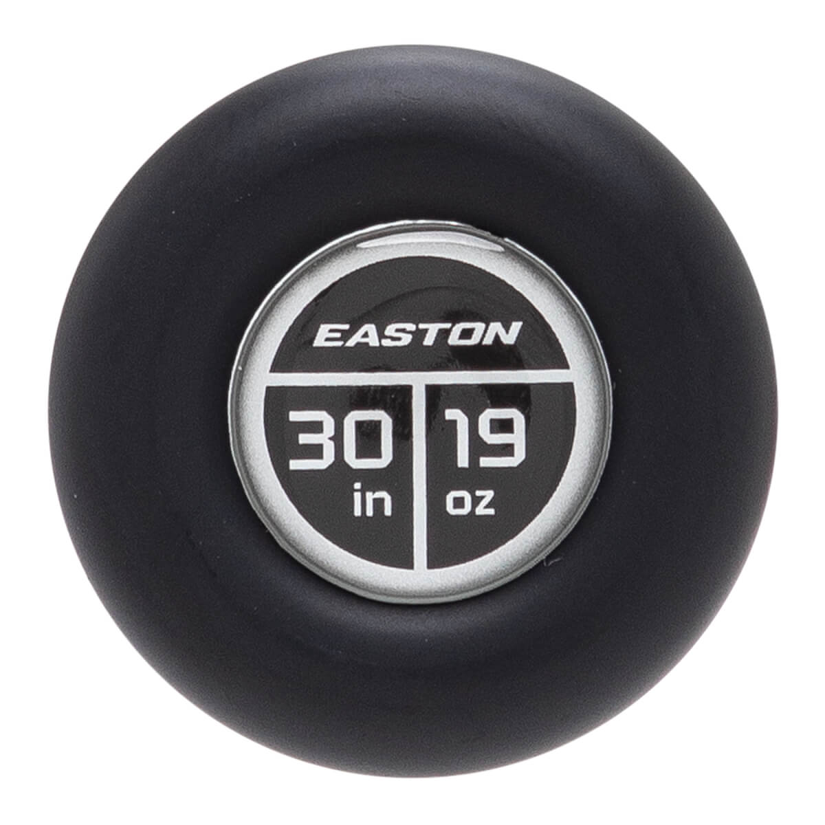Top-down view of a black baseball bat end cap with a circular insert showing EASTON logo, 30 in, and 19 oz.