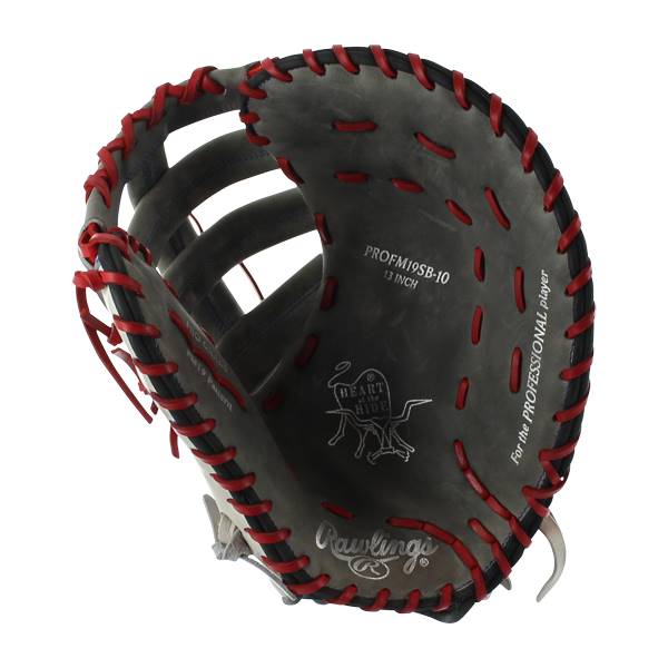 Interior view of a black Rawlings Heart of the Hide first base mitt with red lacing and PROFM19SB-10 13 INCH text.