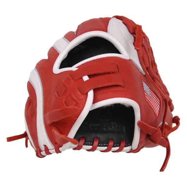 Front view of a red baseball glove with white accents and an American flag patch.