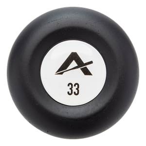 Top-down view of a black baseball bat end cap with a white circle logo featuring a black A and the number 33.