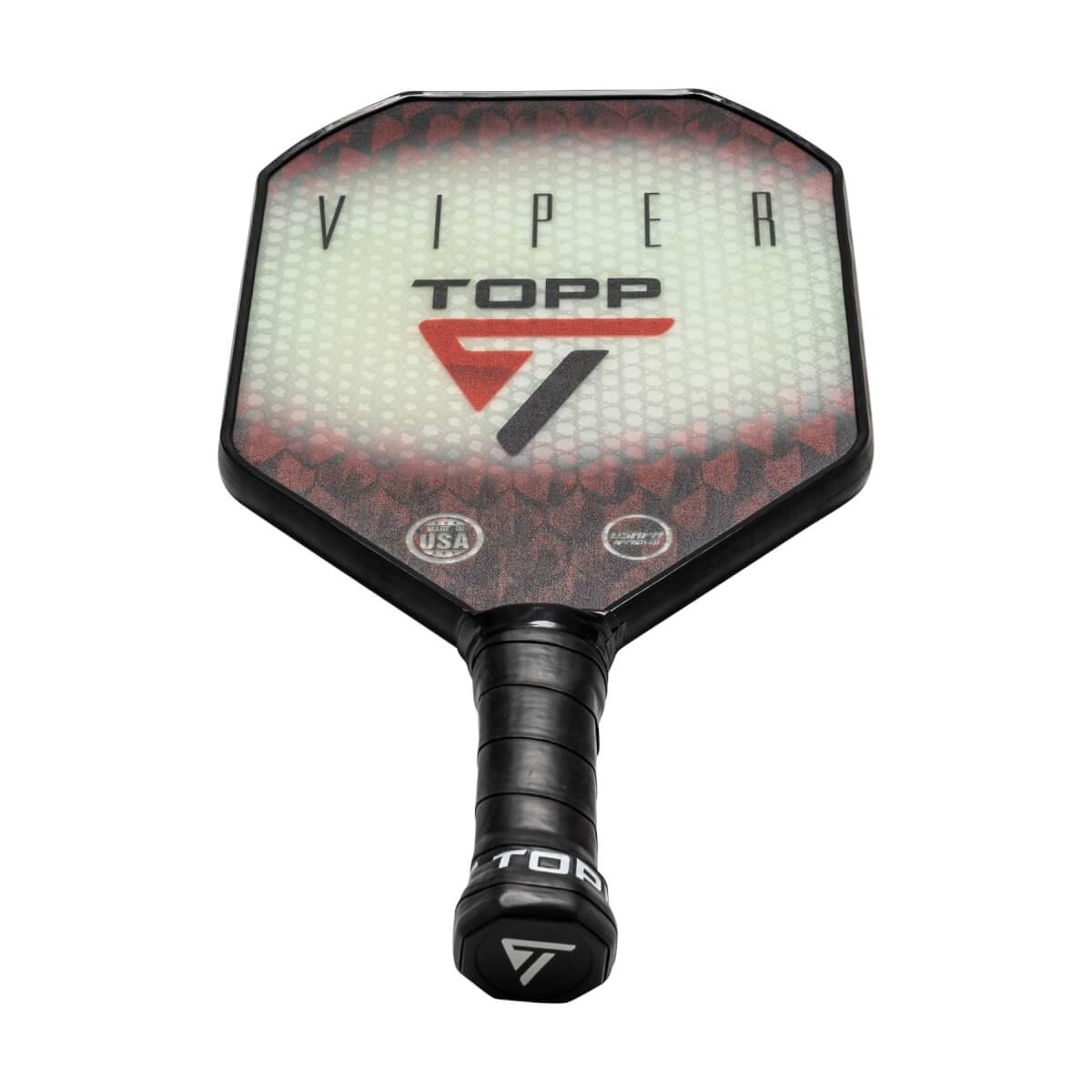 Top-down view of a black pickleball paddle with VIPER and TOPP branding and a red chevron design.
