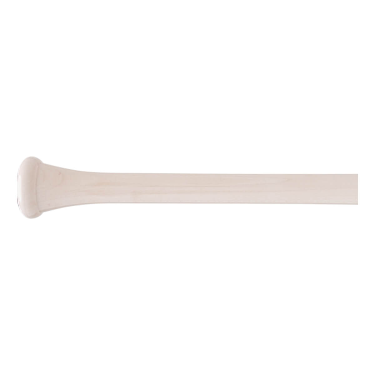 Side view of a light wood baseball bat with a rounded knob and smooth barrel.