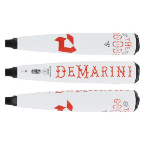 Side view of a white baseball bat with red DeMarini branding and The Goods text.