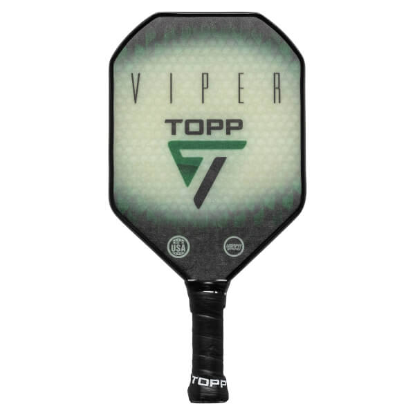 Front view of a black pickleball paddle with VIPER and TOPP logos, a green triangle, and USA and USAPA stamps.