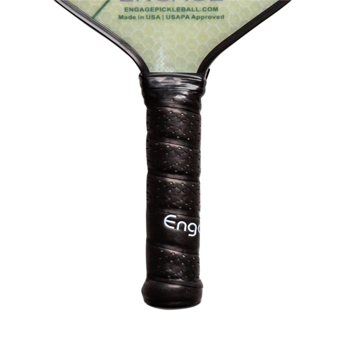 Close-up of a black pickleball paddle grip with Eng logo and textured pattern.