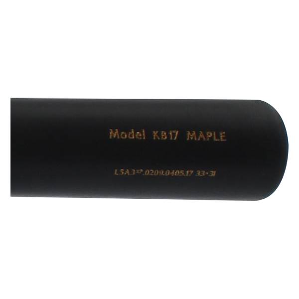 Side view of a black baseball bat with gold text Model KB17 MAPLE and serial numbers.