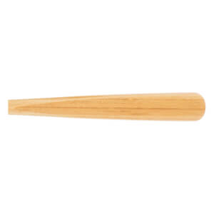 Side view of a natural wood baseball bat with a rounded end and visible wood grain.