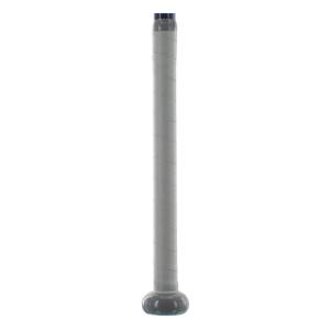 Side view of a gray softball bat with a textured grip and dark blue end cap.