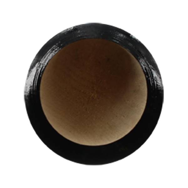 Top-down view of a black baseball bat with a wood grain interior.