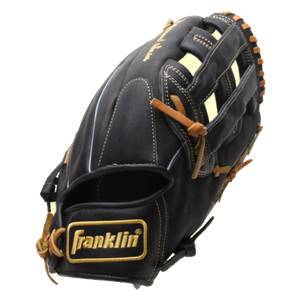 Side view of a black Franklin baseball glove with tan lacing and white stitching.