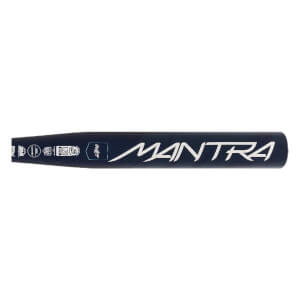 Side view of a navy blue fastpitch softball bat with white MANTRA text and certification logos.
