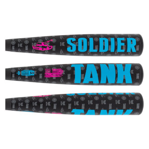 Top-down view of a black baseball bat with SOLDIER and TANK text, and tank graphics.