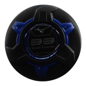 End view of a black baseball bat with blue accents, showing 33 inches and Mizuno logo.