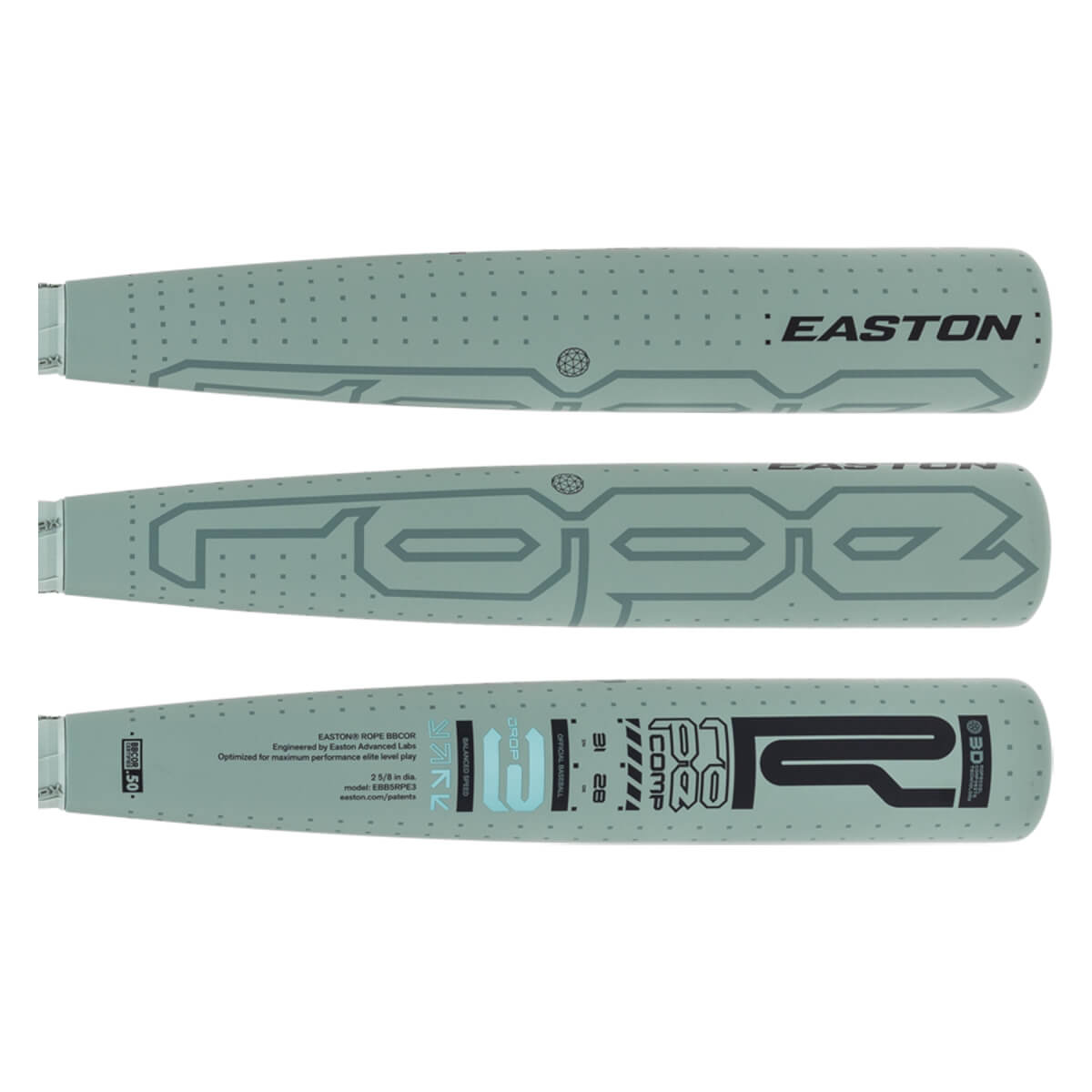 Three distinct views of a light green baseball bat with EASTON and ROPE branding, and technical specifications.