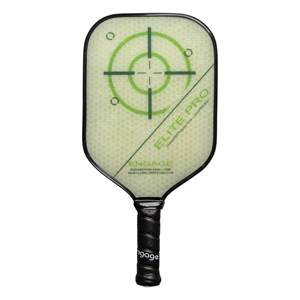 Front view of a white pickleball paddle with a green target design, ELITE PRO text, and a black grip.