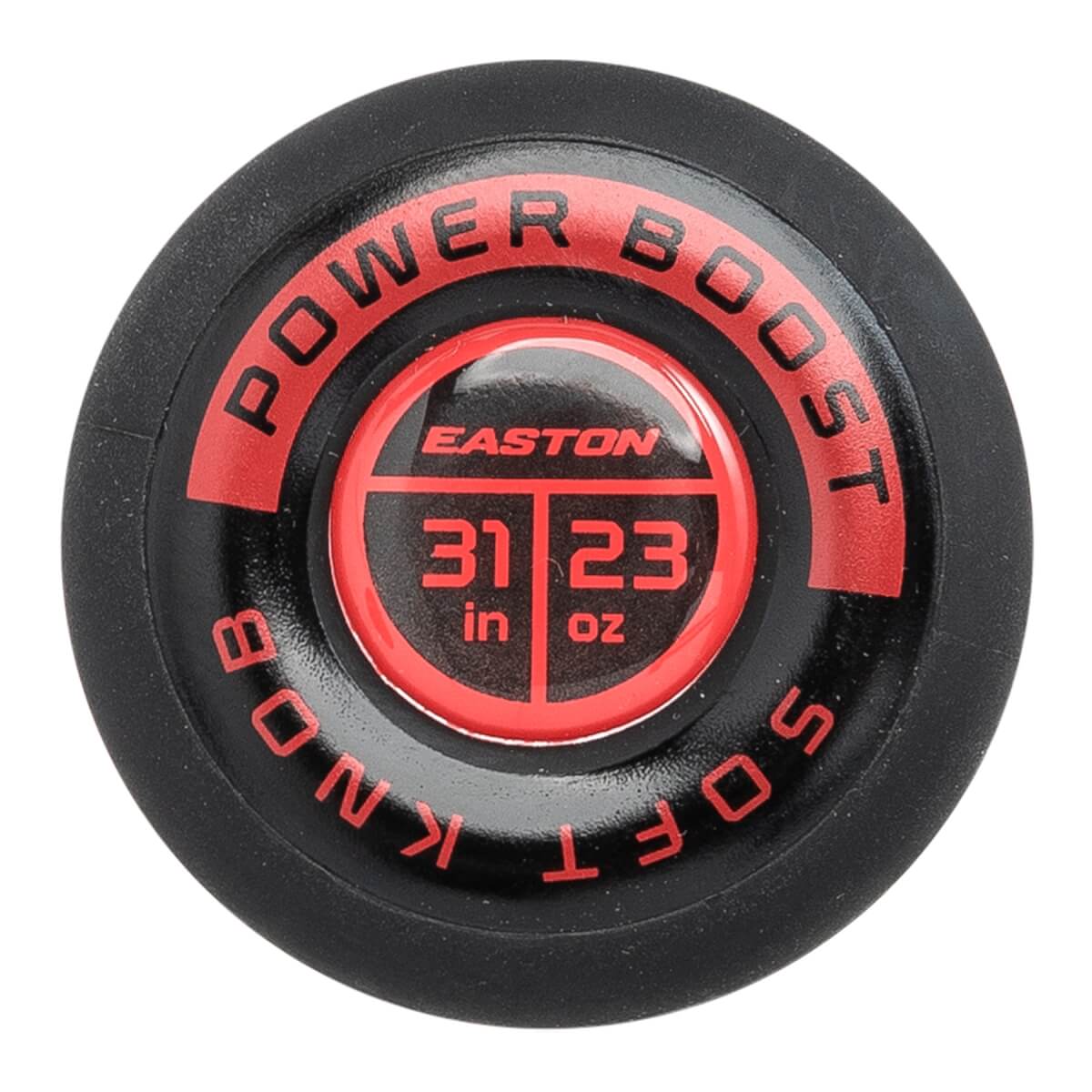 Top-down close-up of a black and red baseball bat knob with POWER BOOST SOFT KNOB text and EASTON 31 in 23 oz details.