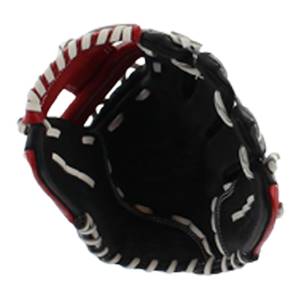 Interior view of a black baseball glove with red accents and white lacing.