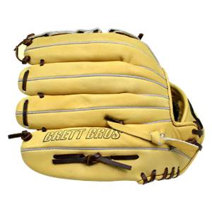 Front view of a tan baseball glove with BRETT BROS text and dark brown lacing.