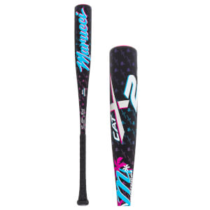 Front full-length and barrel close-up views of a black baseball bat with neon blue and pink "Marucci" and "CATX2" branding over a tropical palm tree pattern.