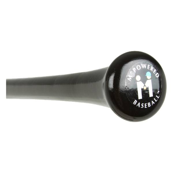 End view of a black baseball bat with M^Powered Baseball logo.