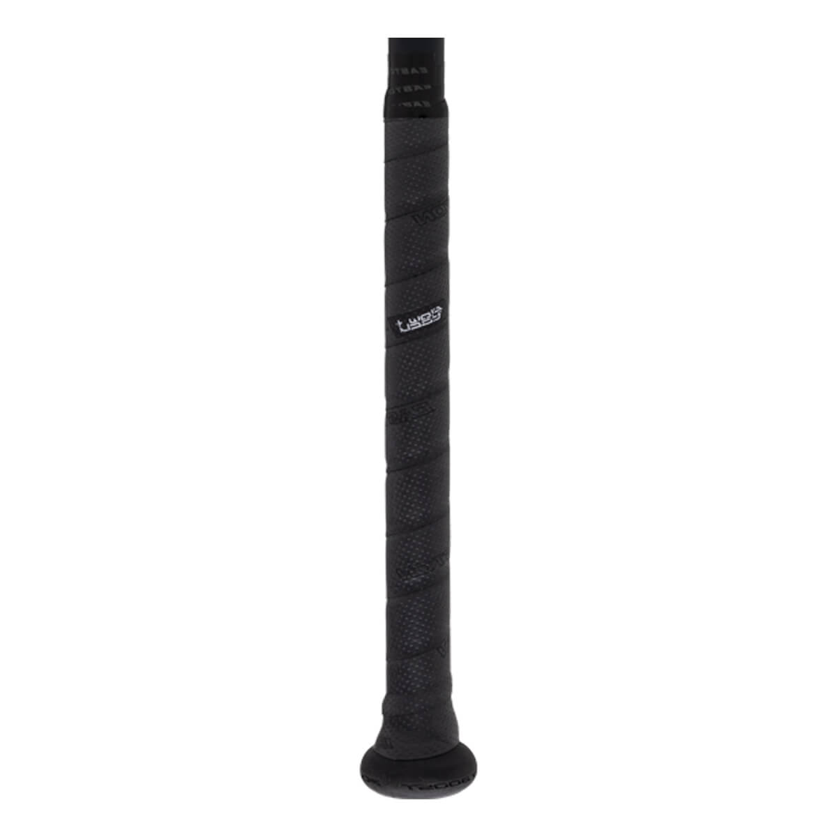 Close-up of a black baseball bat handle with textured grip tape, a white Lizard Skins logo, and a black knob.