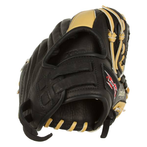 Front view of a black fastpitch glove with gold accents and Miken branding.