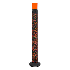 Close-up of a black baseball bat grip with orange geometric pattern and orange end cap.
